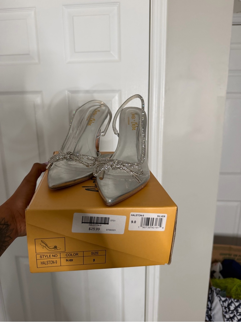 Halston Heritage Silver Rhinestone Bow Slingback Pointed Heels
